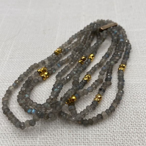 FacetedOpaque Labradorite Golden Pyrite Stretch Bracelet Average Medium - Picture 8 of 9